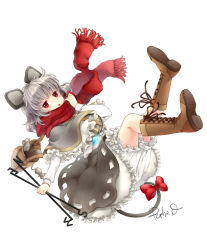 Rule 34 | 1girl, animal ears, bad id, bad pixiv id, basket, bloomers, boots, capelet, cross-laced footwear, dowsing rod, full body, fuusha, grey hair, jewelry, looking at viewer, mouse (animal), mouse ears, mouse tail, nazrin, pendant, red eyes, red scarf, ribbon, scarf, short hair, signature, simple background, solo, tail, tail ornament, tail ribbon, touhou, underwear, white background