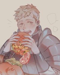 Rule 34 | 1boy, armor, blonde hair, commentary, dungeon meshi, eating, food, ham, highres, laios thorden, lettuce, longthita, open mouth, orange eyes, pumpkin, short hair, shoulder armor, solo focus, speech bubble, symbol-only commentary, tomato, yellow eyes
