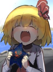 Rule 34 | 1girl, ascot, black vest, blonde hair, blurry, blurry background, blush, closed eyes, fangs, gomeifuku, hair between eyes, hair ribbon, hands up, happy, highres, holding, holding star, long sleeves, open mouth, red ascot, red ribbon, ribbon, rumia, short hair, skin fangs, solo, star (symbol), touhou, upper body, vest