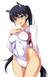 Rule 34 | 1girl, animal ears, athletic leotard, black hair, blush, breasts, collarbone, covered erect nipples, covered navel, flying sweatdrops, gym uniform, gymnastics, hand on own chest, highleg, highleg leotard, kitagou fumika, kyogoku shin, leotard, long hair, long sleeves, medium breasts, open mouth, ponytail, purple eyes, shiny clothes, simple background, solo, standing, strike witches, strike witches zero, sweatdrop, very long hair, white background, world witches series