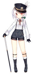 Rule 34 | 1girl, anchor symbol, black gloves, blue eyes, blue footwear, blue hat, blue shorts, boots, buttons, closed mouth, feathers, gloves, hairband, hat, holding, holding staff, long sleeves, looking at viewer, low ponytail, neck ribbon, official art, peaked cap, red eyes, red ribbon, ribbon, saru, shirt, shorts, side ponytail, simple background, sleeves rolled up, solo, staff, standing, suspender shorts, suspenders, tassel, thighs, vittorio veneto (warship girls r), warship girls r, white background, white hair, white shirt