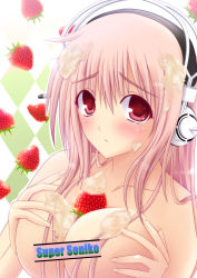 Rule 34 | 1girl, absurdres, between breasts, blush, breasts, censored, censored nipples, cream, fingernails, food, food between breasts, fruit, headphones, highres, large breasts, long fingernails, long hair, nitroplus, nude, pink hair, red eyes, sexually suggestive, solo, strawberry, super sonico, upper body, wakaba0801