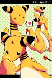 Rule 34 | ^ ^, ampharos, black eyes, blush, character name, closed eyes, commentary request, creature, creatures (company), closed eyes, game freak, gen 2 pokemon, heart, highres, idora (idola), letterboxed, nintendo, no humans, pokedex number, pokemon, pokemon (creature), polka dot, polka dot background, speech bubble, spoken heart, standing, too many, yellow theme