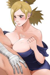 Rule 34 | 1boy, 1girl, bandaged hand, bandages, bare shoulders, blonde hair, blush, breast press, breasts, cleavage, clothed female nude male, collarbone, commentary, commission, cum, cum on body, cum on breasts, cum on chest, cum on upper body, dark-skinned male, dark skin, english commentary, green eyes, hair over one eye, hetero, japanese clothes, joy boy, kimono, large breasts, looking down, mature female, naruto (series), naruto shippuuden, ninja, no bra, nude, off shoulder, paizuri, panties, pantyshot, penis, perpendicular paizuri, purple kimono, quad tails, sash, second-party source, solo focus, temari (naruto), uncensored, underwear, uzumaki naruto