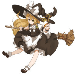 Rule 34 | 1girl, amonitto, apron, black dress, blonde hair, bow, broom, dress, glowing, glowing weapon, hat, hat bow, kirisame marisa, long hair, mary janes, mini-hakkero, puffy short sleeves, puffy sleeves, shirt, shoes, short sleeves, smile, solo, star (symbol), touhou, very long hair, waist apron, weapon, witch hat, wrist cuffs, yellow eyes