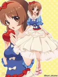 Rule 34 | 1girl, apple, artist name, bad id, bad twitter id, blue shirt, bow, brown eyes, brown hair, commentary, cosplay, curtsey, food, frilled sleeves, frills, fruit, girls und panzer, hair bow, holding, holding food, holding fruit, layered skirt, looking at viewer, medium skirt, multiple views, nishizumi miho, open mouth, outline, petticoat, pink footwear, polka dot, polka dot background, puffy short sleeves, puffy sleeves, red bow, shirt, shoes, short hair, short sleeves, signature, skirt, smile, snow white (disney), snow white (disney) (cosplay), snow white and the seven dwarfs, standing, twitter username, white outline, white skirt, yellow background