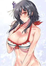 Rule 34 | 10s, 1girl, absurdres, bikini, black hair, breasts, cleavage, cowboy shot, hair ornament, highres, kantai collection, large breasts, red eyes, sankakusui, short hair, solo, swimsuit, yamashiro (kancolle)