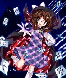 Rule 34 | 1girl, alphes (style), bad id, bad pixiv id, brown eyes, brown hair, cape, card, clothes writing, facing viewer, glasses, gloves, hat, kneehighs, looking at viewer, low twintails, maguroido, night, occult ball, open mouth, parody, plaid, plaid skirt, plaid vest, quimbaya airplane, red-framed eyewear, runes, school uniform, semi-rimless eyewear, skirt, smile, socks, solo, style parody, touhou, twintails, under-rim eyewear, usami sumireko, vest, white gloves, white socks, zener card
