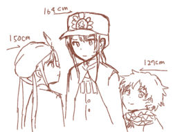 Rule 34 | 3boys, captain nemo (fate), cloak, closed mouth, crest, cropped torso, family crest, fate/grand order, fate/requiem, fate (series), greyscale, hat, height, height difference, jacket, long hair, low ponytail, male focus, monochrome, multiple boys, nemo (fate), oda nobukatsu (fate), oda uri, peaked cap, ponytail, scarf, simple background, smile, sweat, tachitsu teto, turban, twintails, upper body, very long hair, voyager (fate), white background