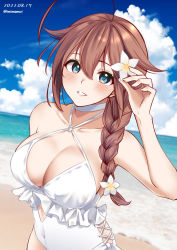 Rule 34 | 1girl, ahoge, beach, blue eyes, blue sky, braid, breasts, brown hair, casual one-piece swimsuit, cleavage, cloud, commentary, cosplay, day, flower, frilled one-piece swimsuit, frilled swimsuit, frills, hair flaps, hair flower, hair ornament, hair over shoulder, highres, horizon, kantai collection, large breasts, looking at viewer, mimamui, ocean, one-hour drawing challenge, one-piece swimsuit, outdoors, parted lips, sagiri (kancolle), sagiri (kancolle) (cosplay), shigure (kancolle), shigure kai ni (kancolle), side-tie swimsuit, single braid, sky, solo, swimsuit, symbol-only commentary, upper body, white one-piece swimsuit