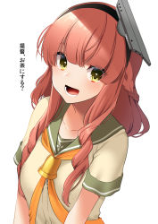 Rule 34 | 1girl, :d, akagi kurage, black hairband, blush, braid, breasts, commentary, curly hair, de ruyter (kancolle), green sailor collar, hair between eyes, hairband, headgear, highres, kantai collection, long hair, looking at viewer, open mouth, orange neckwear, red hair, sailor collar, school uniform, serafuku, sidelocks, simple background, small breasts, smile, solo, white background, yellow eyes