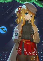 Rule 34 | 1girl, :3, alternate costume, alternate hairstyle, black sweater, blush, brown jacket, coffee cup, commentary, cup, disposable cup, earth (planet), english commentary, grey hat, hat, head tilt, hemmmlock, holding, holding removed eyewear, holding up, hoshino char, jacket, logo parody, nail polish, one eye closed, pantyhose, planet, red nails, red skirt, sidelocks, skirt, solo, space, sunglasses, sweater, sweater tucked in, tsunderia, unworn eyewear, virtual youtuber