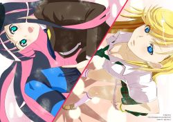 Rule 34 | 10s, 2girls, aqua eyes, blonde hair, blue eyes, bracelet, breasts, cleavage, dutch angle, from above, hat, jewelry, kimura shigetaka, kneehighs, multicolored hair, multiple girls, necktie, open mouth, panties, panty &amp; stocking with garterbelt, panty (psg), school uniform, shirt, siblings, sisters, skirt, socks, stocking (psg), striped clothes, striped legwear, striped thighhighs, thighhighs, two-tone hair, underwear, white shirt