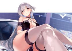 Rule 34 | 1girl, 92m, azur lane, bare shoulders, blue eyes, blush, breasts, car, cat, collarbone, criss-cross halter, crossed legs, halterneck, large breasts, long hair, looking at viewer, mole, mole under eye, motor vehicle, one side up, parted lips, race queen, revealing clothes, shoukaku (azur lane), shoukaku (sororal wings) (azur lane), sidelocks, sitting, solo, thighhighs, very long hair, white thighhighs