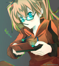 Rule 34 | 1girl, blue eyes, glasses, handheld game console, hood, hoodie, mouth hold, neon genesis evangelion, nintendo ds, playing games, pocky, product placement, red hair, solo, souryuu asuka langley, stylus, video game, zaphk (artist)