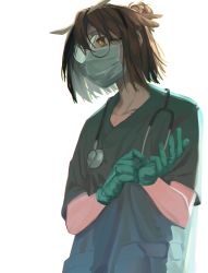 Rule 34 | 1girl, arknights, backlighting, bad id, bad pixiv id, brown hair, collarbone, feather hair, glasses, gloves, green gloves, hair bun, highres, mask, medical scrubs, mouth mask, orange eyes, short hair, silence (arknights), simple background, single hair bun, solo, stethoscope, surgical mask, upper body, white background, zy (zyyyyyyy9)