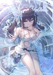 Rule 34 | 1girl, absurdres, bare shoulders, black hair, blue eyes, breasts, caisena, chest tattoo, cleavage, closed mouth, clothing cutout, colored inner hair, dress, flower, hair between eyes, hair flower, hair ornament, highres, honkai (series), honkai impact 3rd, long hair, looking at viewer, medium breasts, multicolored hair, seele vollerei, seele vollerei (herrscher of rebirth), simple background, smile, solo, stomach cutout, tattoo, upper body, very long hair, white dress