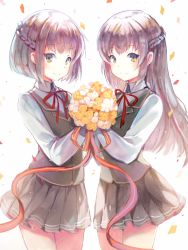 Rule 34 | 2girls, blush, bouquet, braid, brown hair, brown vest, closed mouth, collared shirt, confetti, copyright request, cowboy shot, flower, grey skirt, highres, holding, holding bouquet, legs together, long hair, long sleeves, multiple girls, neck ribbon, orange flower, pleated skirt, red ribbon, ribbon, shirt, short hair, sibyl, skirt, smile, standing, symmetry, vest, white background, white shirt, yellow eyes