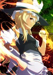 Rule 34 | 1girl, aono meri, apron, bad id, bad pixiv id, blonde hair, broom, chromatic aberration, gradient background, hat, hat ribbon, highres, kirisame marisa, long hair, looking at viewer, profile, puffy sleeves, ribbon, shirt, short sleeves, skirt, skirt set, smile, solo, sparkle, touhou, turtleneck, vest, waist apron, witch hat, yellow eyes