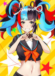 Rule 34 | 1girl, absurdres, black hair, blue hair, bow, candy, chocolate, chocolate heart, crop top, fate/grand order, fate (series), food, grin, hair ornament, hair ribbon, hairclip, heart, heart-shaped pupils, heart hands, highres, looking at viewer, multicolored eyes, multicolored hair, nail polish, navel, red hair, ribbon, saku (kudrove), sei shounagon (fate), skirt, smile, solo, star (symbol), symbol-shaped pupils, twintails, upper body, yellow eyes
