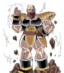 Rule 34 | 1boy, bald, beard, brown hair, commentary request, cosplay, denken (sousou no frieren), dragon ball, facial hair, feet out of frame, hand on own hip, hand up, highres, long beard, looking at viewer, male focus, muscular, muscular male, nappa, old, old man, parody, perutore, simple background, solo, sousou no frieren, standing, white background