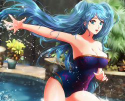 Rule 34 | 1girl, :d, alternate costume, aqua eyes, aqua hair, arcade sona, arm up, armpits, bare arms, bare legs, blue one-piece swimsuit, blurry, blurry background, breasts, casual one-piece swimsuit, cleavage, collarbone, day, esther shen, female focus, floating hair, large breasts, league of legends, legs, lips, lipstick, long hair, looking at viewer, makeup, nail polish, neck, one-piece swimsuit, open mouth, outdoors, outstretched arm, outstretched hand, pink lips, pool, red lips, red nails, sideboob, signature, smile, solo, sona (league of legends), standing, strapless, strapless one-piece swimsuit, swimsuit, twintails, very long hair, water