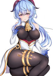 Rule 34 | 1girl, absurdres, arm up, ass, bare shoulders, bell, black gloves, black pantyhose, blue hair, bodystocking, breasts, detached sleeves, feet out of frame, ganyu (genshin impact), genshin impact, gloves, gold trim, hair between eyes, hand on own chest, highres, horns, leotard, leotard under clothes, long hair, match (scp115), neck bell, pantyhose, pink eyes, simple background, sitting, smile, solo, thigh strap, white background, white sleeves