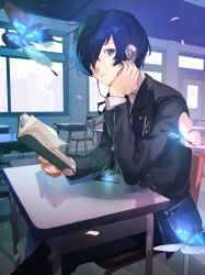 Rule 34 | 1boy, black suit, blue butterfly, blue eyes, blue hair, book, bug, butterfly, classroom, dark blue hair, desk, digital media player, formal, gekkoukan high school uniform, glowing butterfly, hair over one eye, headphones, highres, holding, holding book, indoors, insect, male focus, mia cbx, on chair, open book, parted lips, persona, persona 3, school desk, school uniform, short hair, sitting, solo, suit, window, yuuki makoto (persona 3)