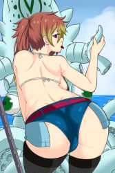 Rule 34 | 1girl, ao no exorcist, ass, back, backboob, bare shoulders, bent over, bikini, bikini top only, black thighhighs, blonde hair, breasts, brown hair, from behind, huge ass, kirigakure shura, leaning, leaning forward, long hair, looking at viewer, looking back, multicolored hair, ponytail, purple eyes, shiny skin, short shorts, shorts, squid, swimsuit, tentacles, thighhighs, tongue, tongue out, ttrop, two-tone hair, weapon