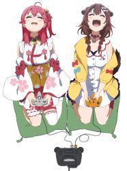 Rule 34 | 2girls, ahoge, animal ears, blush, braid, bridal garter, brown hair, buttons, cherry blossom print, closed eyes, controller, detached sleeves, dog ears, dog girl, fangs, floral print, game console, game controller, hair ornament, hairclip, highres, hololive, icehotmilktea, inugami korone, inugami korone (1st costume), multiple girls, nintendo 64, nintendo 64 controller, open mouth, pillow, pink hair, playing games, sakura miko, sakura miko (1st costume), single thighhigh, thighhighs, twin braids, virtual youtuber, white background, white legwear, x hair ornament