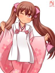 Rule 34 | 1girl, alternate costume, apron, artist logo, bag, brown eyes, brown hair, commentary request, cowboy shot, dark-skinned female, dark skin, dated, haregi, hifu, japanese clothes, kanon (kurogane knights), kantai collection, kimono, libeccio (kancolle), long hair, looking at viewer, one-hour drawing challenge, one eye closed, pink kimono, satchel, simple background, solo, twintails, white background