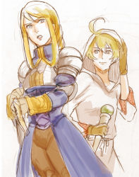 Rule 34 | 1boy, 1girl, agrias oaks, ahoge, armor, blonde hair, braid, final fantasy, final fantasy tactics, gloves, hood, long hair, open mouth, rabbitlovesick, ramza beoulve, robe, short hair, simple background, smile, sword, weapon, white background, white mage, white mage (fft), white mage (final fantasy)