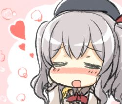 Rule 34 | 10s, 1girl, = =, beret, blush, engiyoshi, epaulettes, closed eyes, gloves, grey hair, hands on own face, hat, heart, jacket, kantai collection, kashima (kancolle), kerchief, long hair, military, military uniform, open mouth, solo, twintails, uniform, upper body, wavy hair