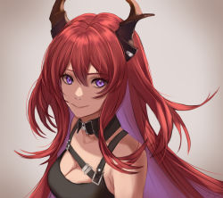 Rule 34 | 1girl, absurdres, arknights, azureol, bare shoulders, black dress, breasts, cleavage, commentary, detached collar, dress, grey background, hair between eyes, highres, horns, huge filesize, long hair, looking at viewer, medium breasts, multicolored hair, purple eyes, purple hair, red hair, sleeveless, sleeveless dress, smile, solo, surtr (arknights), upper body