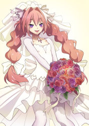 Rule 34 | 1boy, artist name, astolfo (fate), blush, bouquet, bow, bridal veil, bride, collarbone, crossdressing, dress, eudetenis, fate/apocrypha, fate (series), floral print, flower, hair bow, hair intakes, highres, jewelry, long hair, low twintails, male bride, male focus, multicolored hair, necklace, open mouth, pantyhose, pink flower, pink hair, pink rose, purple eyes, purple flower, purple rose, red flower, red rose, rose, shrug (clothing), smile, solo, streaked hair, trap, twintails, veil, very long hair, wedding dress, white bow, white dress