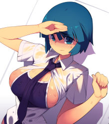 Rule 34 | 1girl, black necktie, blue eyes, blue hair, bob cut, breasts, closed mouth, collared shirt, large areolae, large breasts, looking at viewer, metata, monochrome background, necktie, one-piece swimsuit, original, partially unbuttoned, salute, see-through, shirt, short sleeves, solo, swimsuit, swimsuit under clothes, undersized breast cup, undersized clothes, wet, wet clothes