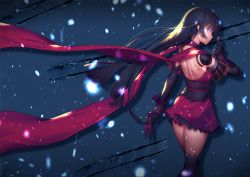 Rule 34 | 1girl, backless dress, backless outfit, bangosu, bare back, black hair, black thighhighs, detached sleeves, dress, fate/grand order, fate (series), from behind, glowing, hair down, japanese clothes, joints, katou danzou (fate), kunai, long hair, looking back, profile, red scarf, robot joints, scarf, slashing, snow, solo, thighhighs, weapon, yellow eyes