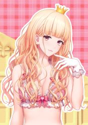 Rule 34 | 1girl, aimori meguru, bare shoulders, blonde hair, bow, bow bra, bra, breasts, cleavage, closed mouth, crown, earrings, frilled bra, frills, gloves, hand up, heart, heart earrings, jewelry, lace, lace-trimmed gloves, lace trim, light smile, long hair, looking at viewer, medium breasts, mini crown, original, pink background, pink bra, plaid, plaid background, purple eyes, solo, underwear, underwear only, upper body, valentine, wavy hair, white gloves