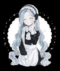 Rule 34 | 1girl, absurdres, apron, ascot, black dress, blue eyes, dress, expressionless, frilled hairband, frills, grey eyes, hairband, highres, long hair, long sleeves, looking to the side, maid, original, solo, two-tone background, upper body, very long hair, white apron, yuge kemuri
