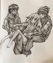 Rule 34 | 1girl, 2boys, 7 days: decide your story, balaam, bare legs, barefoot, collar, feet, freckles, glasses, hood, hoodie, jacket, kirell, leg grab, long hair, monochrome, multiple boys, navel, open mouth, pants, paper, philio, photo (medium), scar, short hair, shorts, sketch, skull ornament, sleeves pushed up, smile, spiked hair, tears, waist grab, wiping tears, zipper