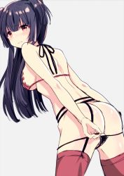 Rule 34 | 1girl, ass, black panties, blunt bangs, blush, bra, breasts, cowboy shot, from behind, garter belt, grey background, idolmaster, idolmaster shiny colors, lingerie, long hair, looking back, mayuzumi fuyuko, medium breasts, obybuss, panties, panty pull, pout, pulling own clothes, purple hair, red bra, red eyes, red thighhighs, sideboob, simple background, solo, thighhighs, underwear