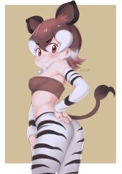 Rule 34 | 1girl, animal ears, animal print, ass, back, bare shoulders, bow, bowtie, breasts, brown eyes, brown hair, closed mouth, covered erect nipples, detached sleeves, extra ears, from side, grey hair, hair between eyes, hand on own hip, highres, kemono friends, masuyama ryou, medium hair, multicolored hair, okapi (kemono friends), okapi ears, okapi tail, pantyhose, print pantyhose, print sleeves, seductive smile, small breasts, smile, solo, stomach, strapless, striped clothes, striped pantyhose, striped sleeves, tail, tube top, twisted torso, v-shaped eyebrows