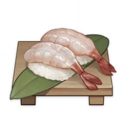 Rule 34 | artist request, commentary, cutting board, english commentary, fish (food), food, food focus, game cg, genshin impact, leaf, lowres, muted color, nigirizushi, no humans, official art, rice, shrimp, simple background, still life, sushi, sushi geta, third-party source, transparent background