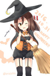 Rule 34 | 10s, 1girl, 2016, ;d, animal print, ariel23795, bat print, black thighhighs, blush, broom, brown eyes, brown hair, capelet, cross, dated, garter straps, hachimaki, hair between eyes, halloween, happy halloween, hat, headband, highres, kantai collection, matching hair/eyes, one eye closed, open mouth, orange ribbon, puffy shorts, ribbon, shorts, simple background, smile, solo, thighhighs, thighs, twitter username, white background, witch hat, zuihou (kancolle)
