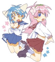 :d animal_ears antenna_hair blue_eyes blue_hair blue_skirt brown_eyes flower full_body galaxy_angel hair_flower hair_ornament hairband long_hair looking_at_viewer milfeulle_sakuraba mint_blancmanche multiple_girls neckerchief nm_shirasu open_mouth pink_hair pleated_skirt red_skirt sailor_collar school_uniform serafuku shoes skirt smile socks star_(symbol) white_background white_socks