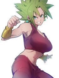 Rule 34 | 1girl, breasts, clenched hand, clenched teeth, dragon ball, dragon ball super, earrings, green eyes, green hair, jewelry, kefla (dragon ball), kemachiku, large breasts, looking at viewer, midriff, potara earrings, simple background, smile, solo, super saiyan, teeth, white background
