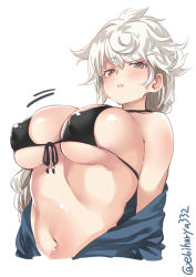 Rule 34 | 1girl, alternate costume, arms at sides, arms behind back, asymmetrical hair, bikini, braid, breasts, brown eyes, covered erect nipples, ebifurya, front-tie top, hair between eyes, halterneck, highres, jitome, kantai collection, large breasts, lips, long hair, looking at viewer, micro bikini, navel, open clothes, parted lips, puffy nipples, shiny skin, sideboob, silver hair, simple background, single braid, skindentation, solo, swimsuit, twitter username, underboob, unryuu (kancolle), upper body, very long hair, wavy hair, white background