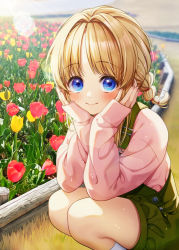 Rule 34 | 1girl, alternate costume, alternate hairstyle, blonde hair, blue eyes, blush, casual, closed mouth, commentary request, day, flower, green overalls, hair intakes, highres, kneehighs, lens flare, looking at viewer, moriya suwako, no headwear, nora wanko, outdoors, overalls, parted bangs, pink sweater, red flower, short hair with long locks, sidelocks, sleeves past wrists, smile, socks, solo, squatting, sunlight, sweater, touhou, tulip, white socks, yellow flower