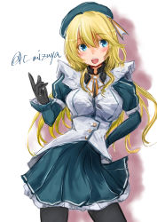 Rule 34 | 1girl, alternate costume, apron, ascot, atago (kancolle), beret, black gloves, blonde hair, blue eyes, blue skirt, blush, breasts, eyes visible through hair, gloves, hair between eyes, hand on own hip, hand up, hat, kantai collection, large breasts, long hair, looking at viewer, maid apron, open mouth, pantyhose, pleated skirt, sketch, skirt, smile, wavy hair