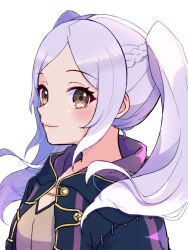 Rule 34 | 1girl, black coat, brown eyes, closed mouth, coat, eyelashes, fire emblem, fire emblem awakening, gogatsu (yeaholiday), highres, long hair, looking at viewer, nintendo, open clothes, open coat, parted bangs, robin (female) (fire emblem), robin (fire emblem), smile, solo, twintails, upper body, white background